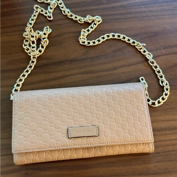 Gucci GG Leather Wallet with Gold Chain + Box & Dust Bag